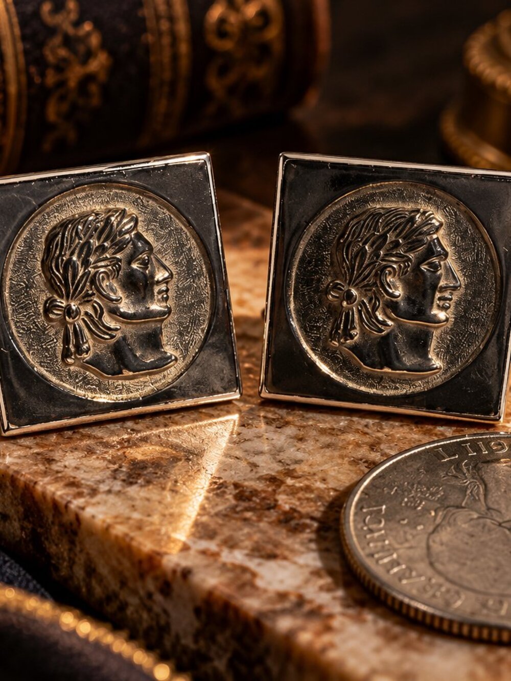 Vintage Silver-Tone Roman Profile Square Cufflinks